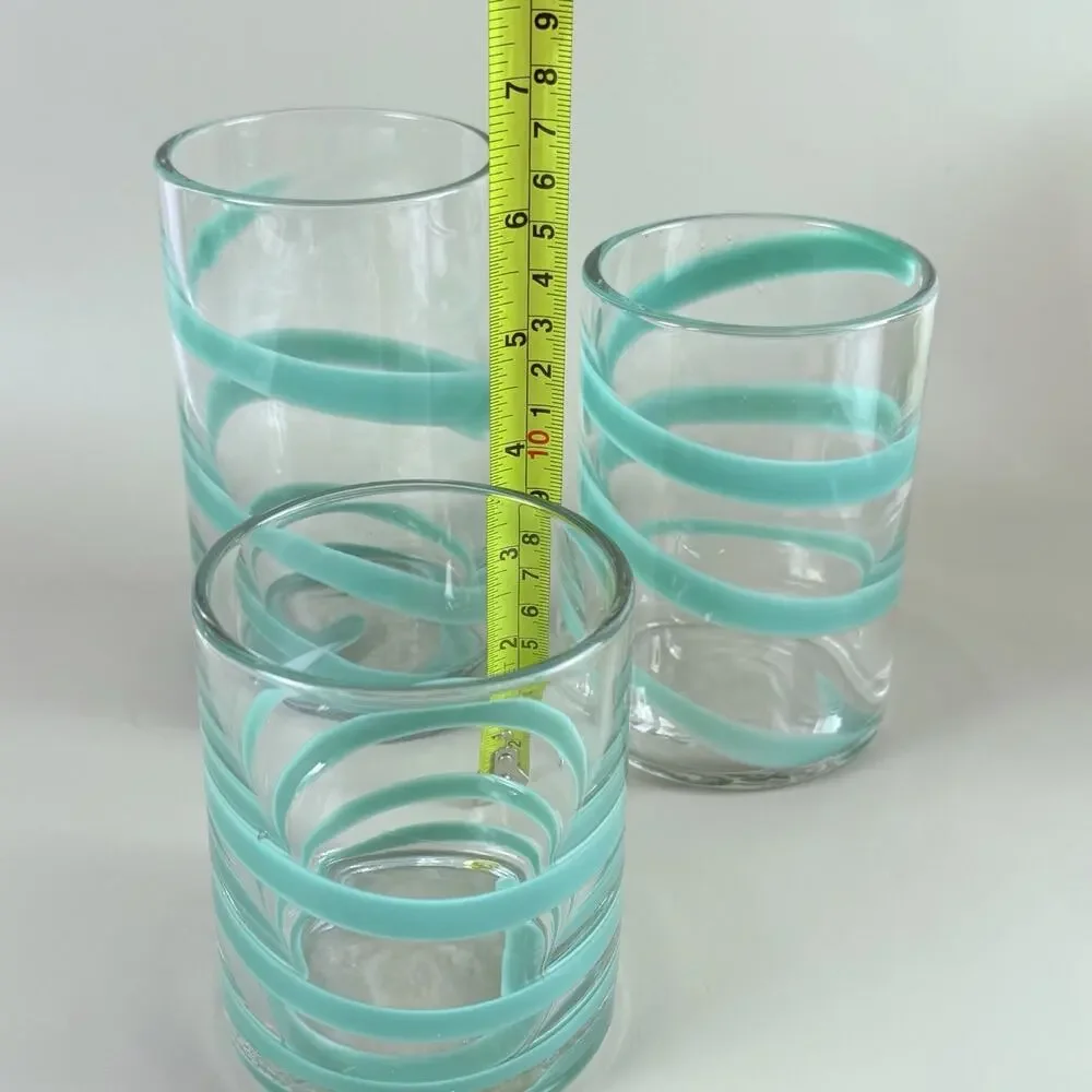 Art Glass Teal Swirl Tumblers Set of 3 Tapered Sizes Hand Blown Pier 1?